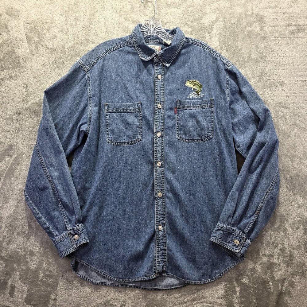 Levis Shirt Mens Large Denim Embroidered Fish Pocket Button Up Outdoors